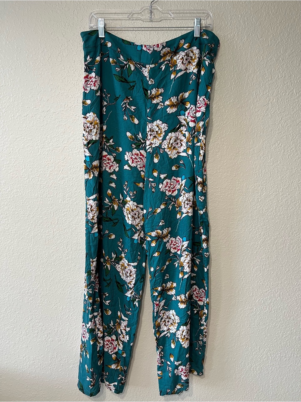 Lightweight Boho Palazzo Pants Teal & Cherry Blossom Print Wide Leg Zip Plus 1X